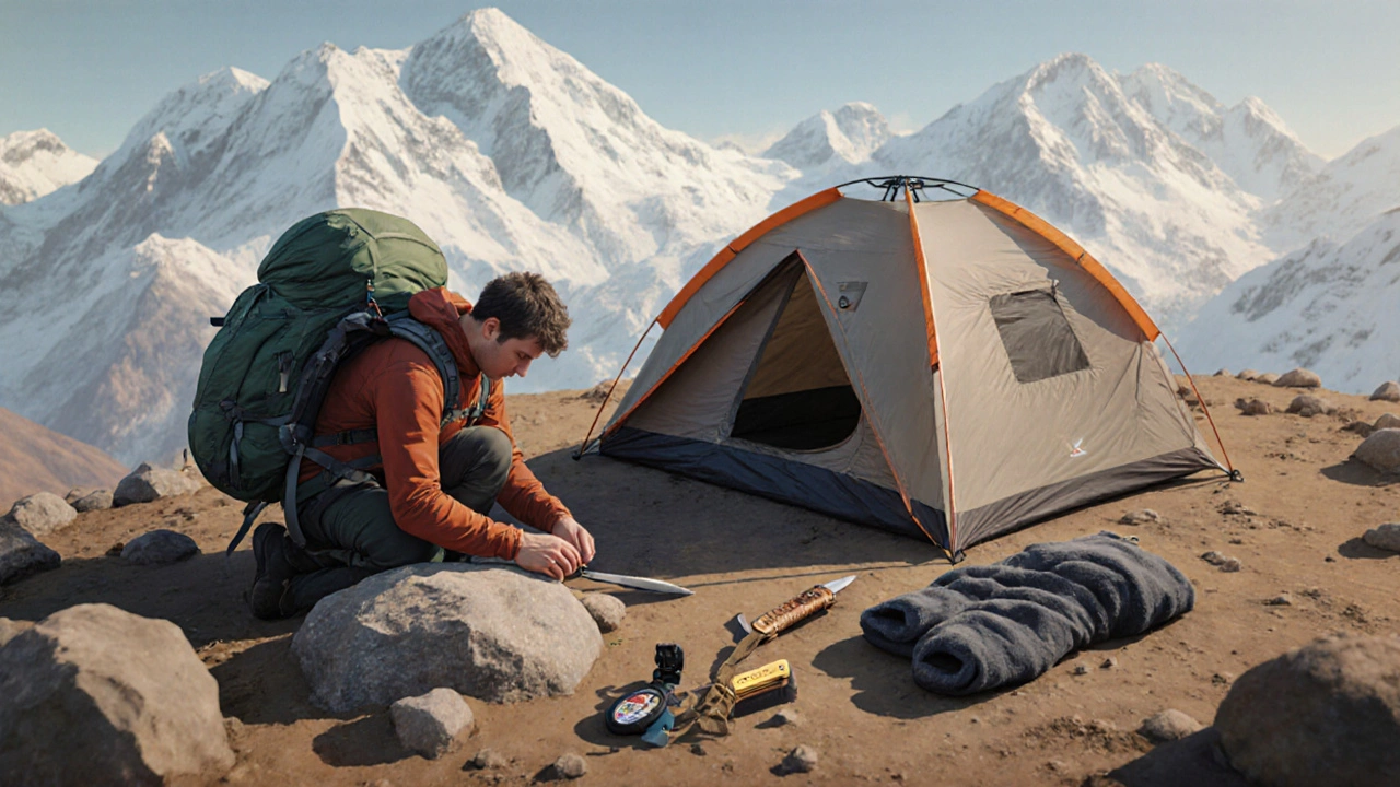 База лагеря в горах с туристическим снаряжением: рюкзак, палатка, GPS и нож.