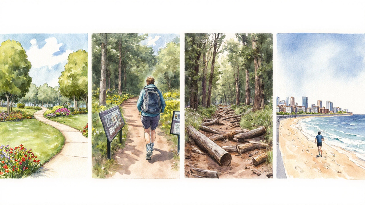 Четыре вида прогулок: парк‑трейл, лесная тропа, прибрежный путь и городской маршрут.