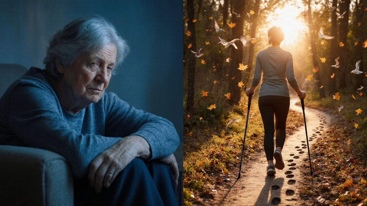 Две стороны одной женщины: до и после регулярных прогулок — сидит на диване и идет по лесу.