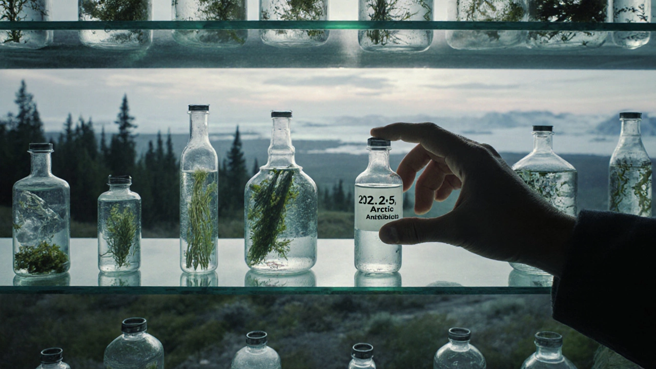 Глобальная библиотека природы с образцами лекарственных веществ, светящиеся пробирки.