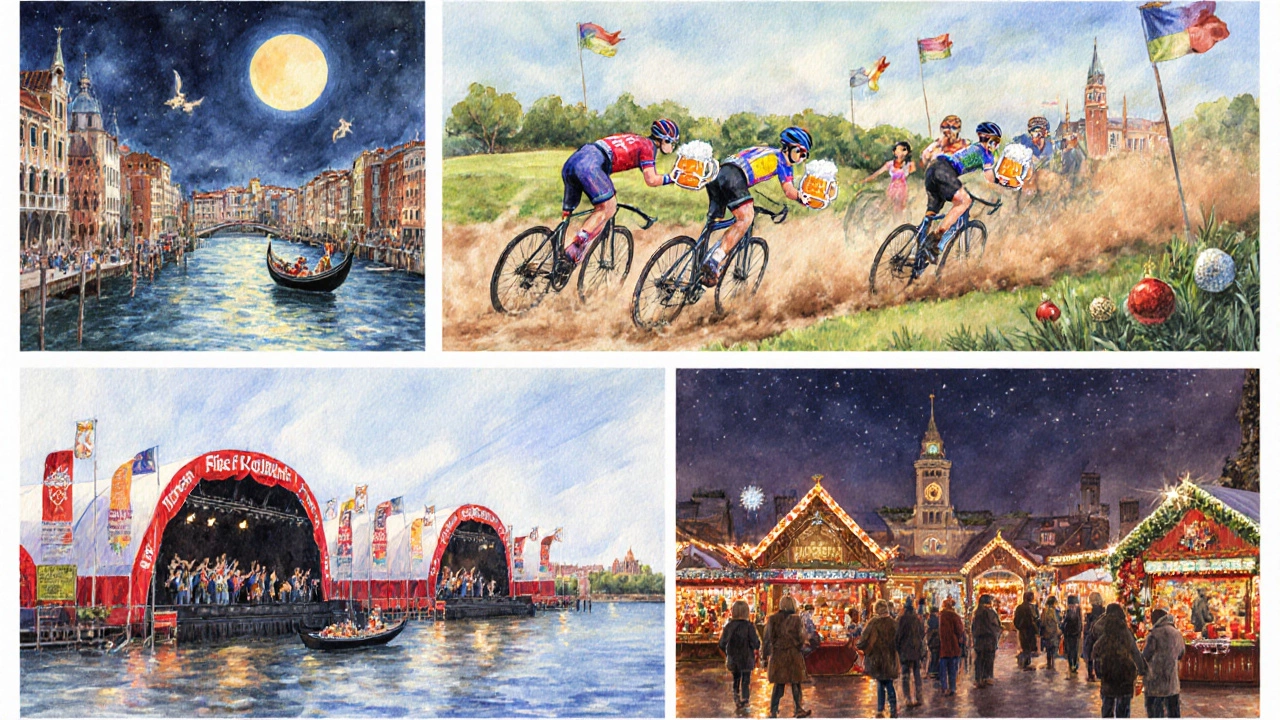 Иллюстрация европейских фестивалей: карнавал в Венеции, Тур де Франс, Октоберфест, летний фестиваль в Стокгольме, рождественский рынок в Вене.