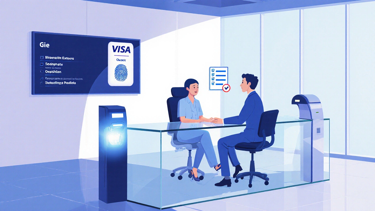 Интервью в визовом центре: заявитель разговаривает с консульским офицером.