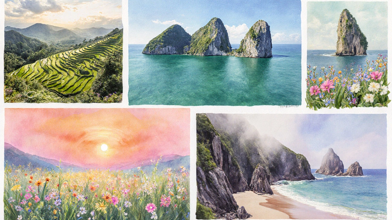 Коллаж из живописных мест: рисовые террасы Бали, скалы Палавана, поля Хоккайдо, берег Джеджу и закат Пхукета.