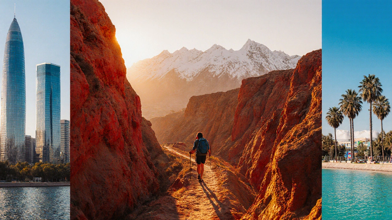Монтаж туристических сцен: каньон Чарын, небоскрёбы Нур‑Султана, Алматы у Тянь‑Шаня и берег Каспийского моря.