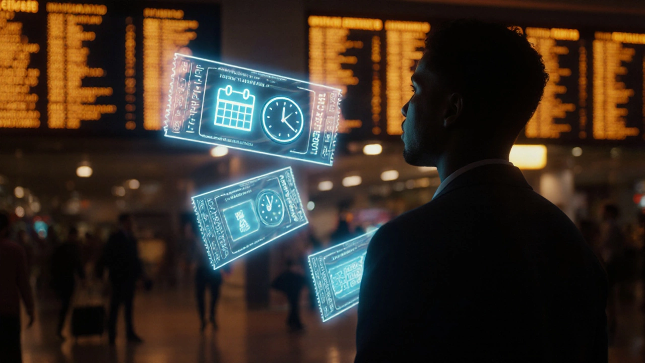 Пассажир в зале аэропорта рассматривает три светящихся билета.