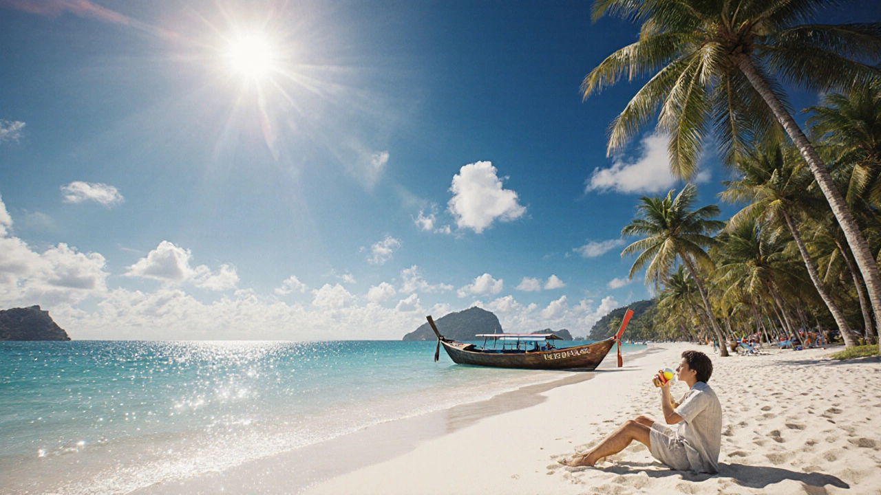 Пляж Пхукета в июле: белый песок, голубая вода и яркое солнце.