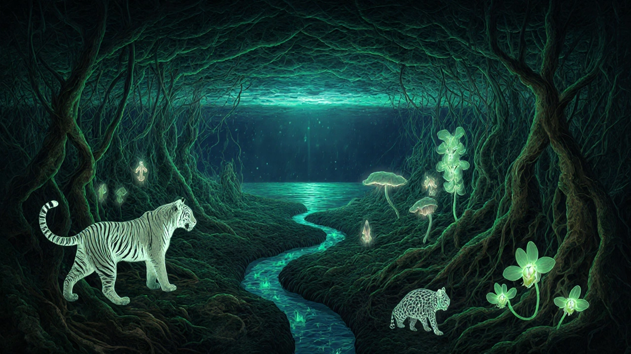 Подземная сеть корней и водотоков с силуэтами редких видов, тёмно-зелёные тона.