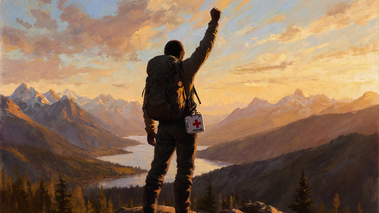 Путешественник на вершине альпийского пика у заката, с небольшим набором первой помощи.