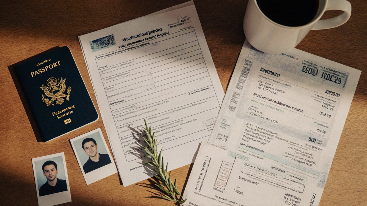 Разложенные документы для шенгенской визы на деревянном столе.