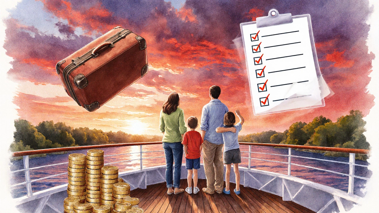 Семья из четырёх человек на палубе круизного лайнера, символы багажа и монет указывают на бюджет.