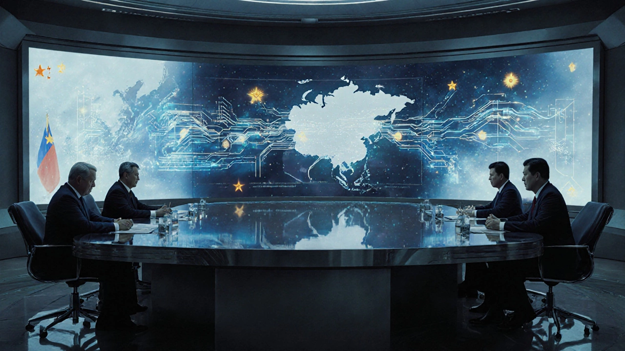 Силуэт лидеров в конференц-зале, окружённый голограммами нефти, газа и урана.