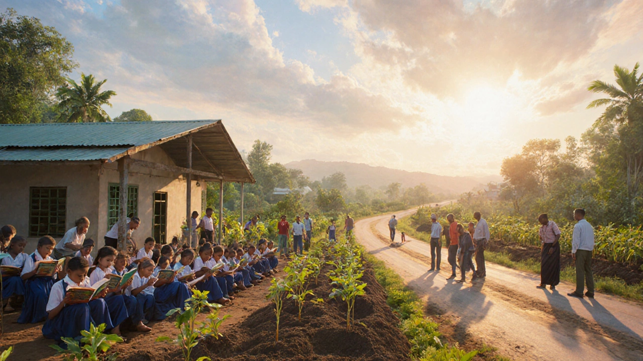 Школьный класс, волонтёры и строительство дороги в бедной стране.