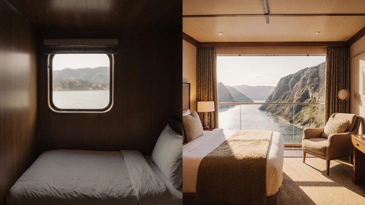 Сравнение скромной каюты без окна и роскошной балконной люксовой кабины внутри корабля.