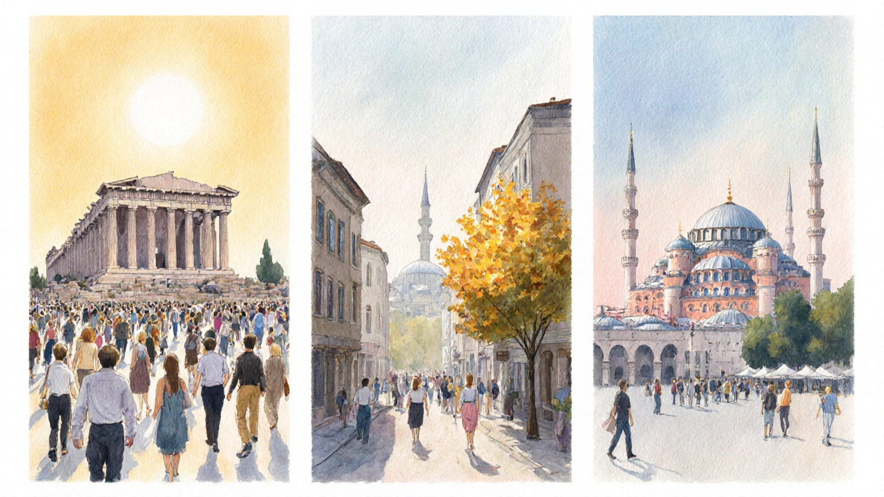 Три акварельные сцены показывают летний, осенний и весенний туризм.