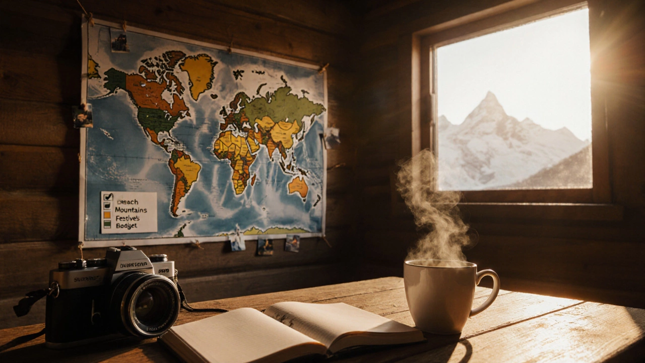 Уютный кабинет с картой Европы, планировочным листом, чашкой кофе и рассветом над горами, символизирующий планирование поездки.