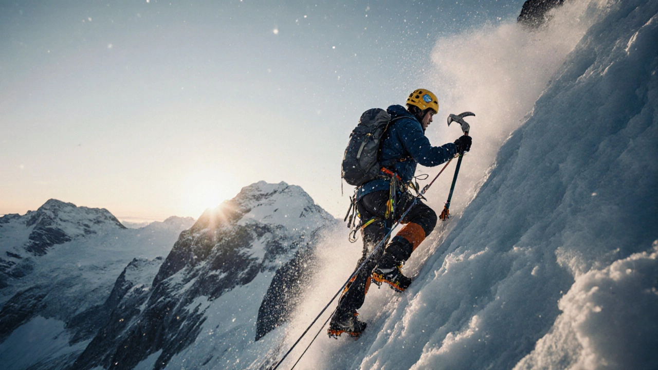 Альпинист поднимается по ледовому склону Эльбруса с ледорубом и веревкой.