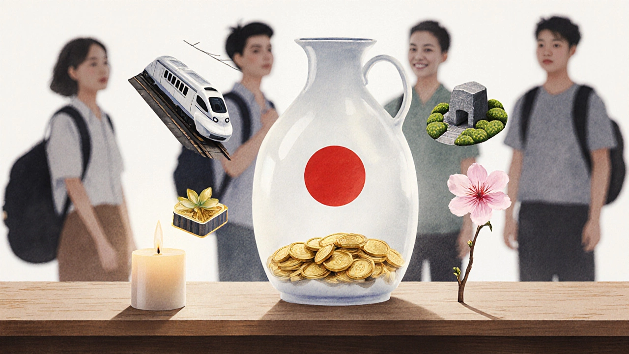 Япония как фарфоровая ваза с золотом, окруженная символами страны.