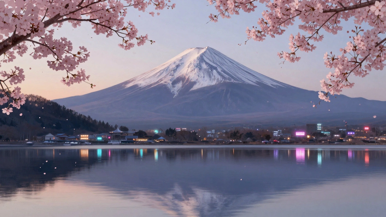 Япония: восход над Фудзиямой, цветущая сакура, вдалеке — неоновый Токио.
