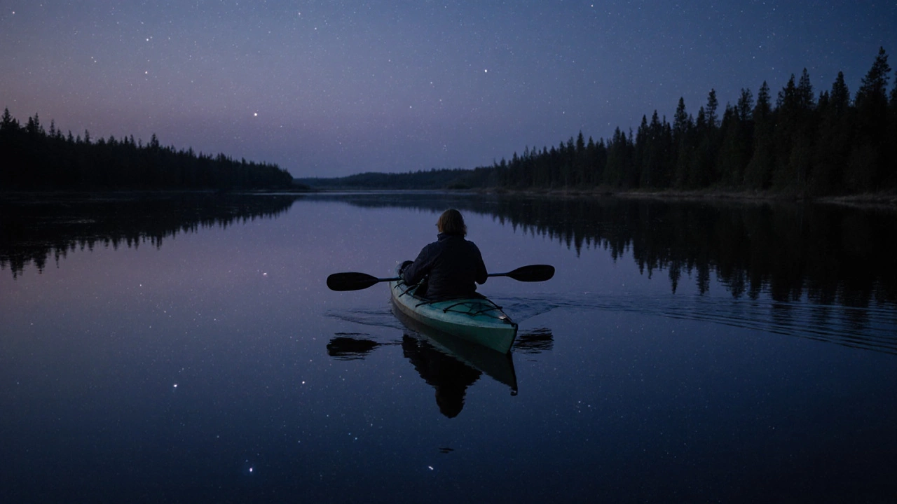 Человек в байдарке на реке Енисей при закате, звёзды и отражение в воде.