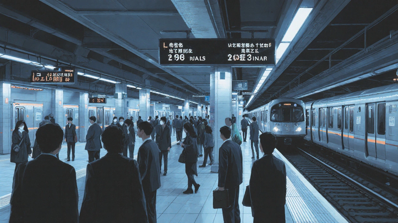 Чистый токийский метро-вокзал с точными расписаниями и спокойными пассажирами.