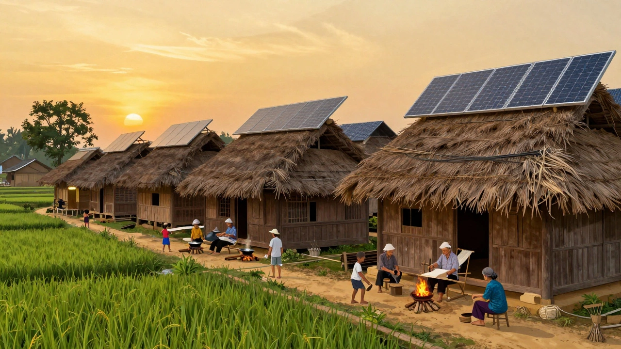 Деревня Мима во Вьетнаме, закат, деревянные дома, женщина ткёт ткань, солнечные панели на крышах.
