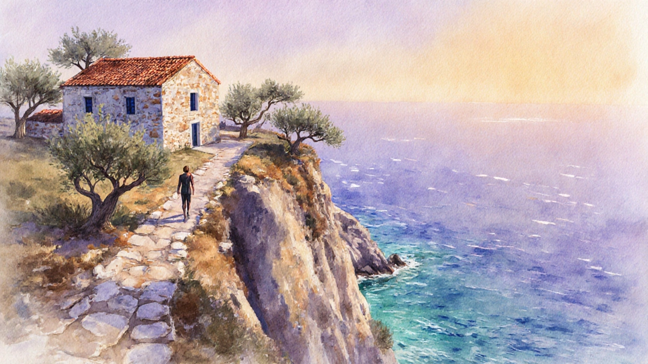 Греческий каменный дом на скале при золотом часе с кристально чистой водой ниже.