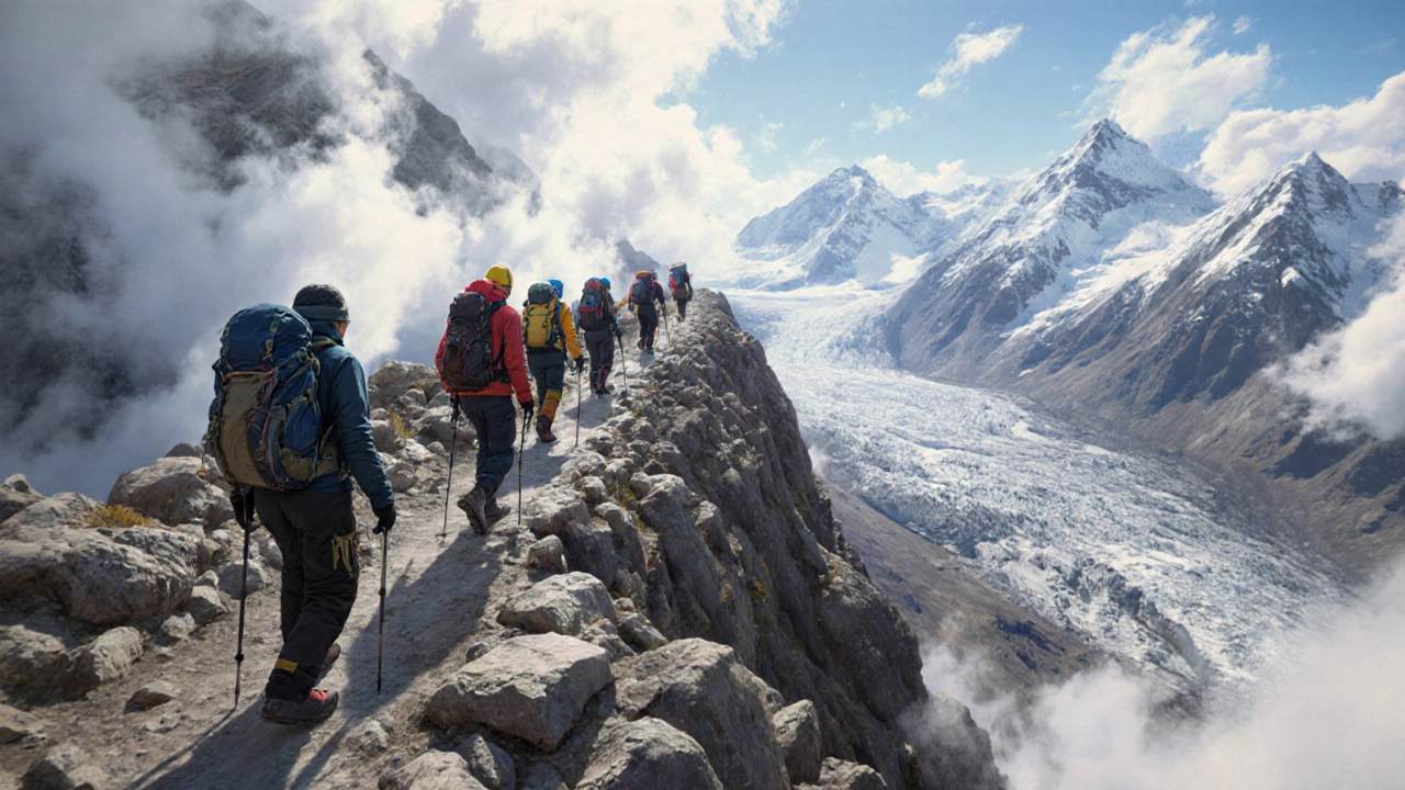 Группа треккеров пересекает высокогорный перевал в Алтае среди скал и облаков.