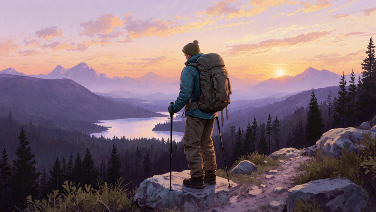 Хайкинг на вершине холма на рассвете, вид на леса и озера, с трекинговыми палками и рюкзаком.