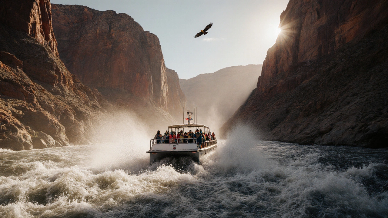 Катамаран спускается по бурлящим водам Гранд-Каньона, красные скалы вокруг.
