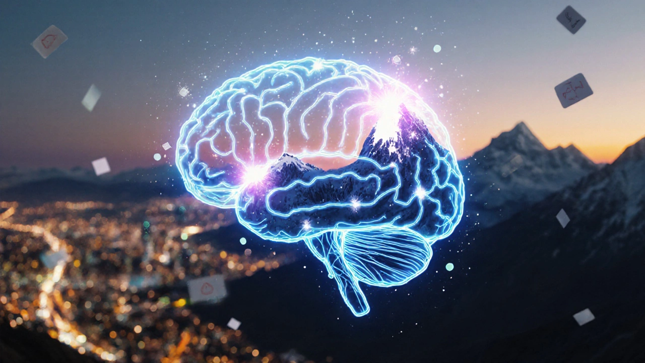 Мозг человека с нейронными путями, напоминающими горные тропы, и вспышками эмоциональных химикатов.