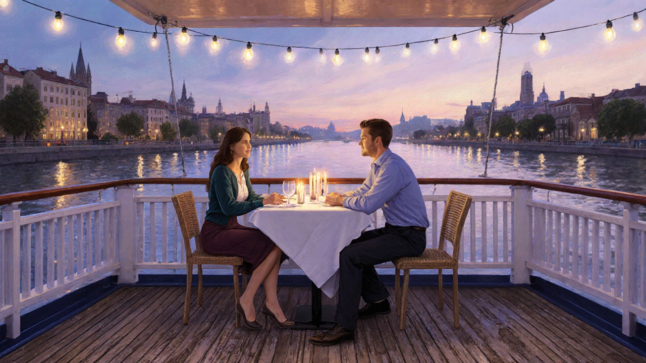 Пара ужинает на вечерней палубе круизного судна в элегантно-повседневной одежде.