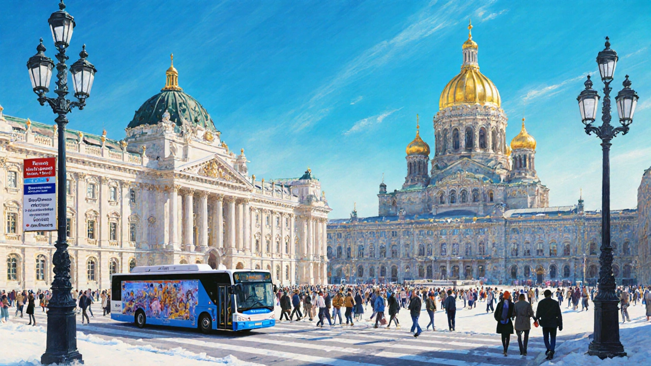 Посетители выстраиваются в очередь к Эрмитажу на Дворцовой площади, вокруг — золотые купола и многоязычные указатели.