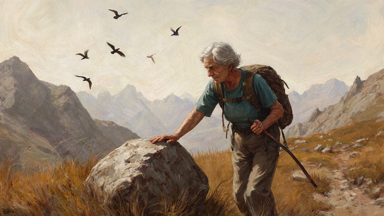 Пожилая женщина прикасается к камню в горах, вокруг — чистая природа без следов цивилизации.