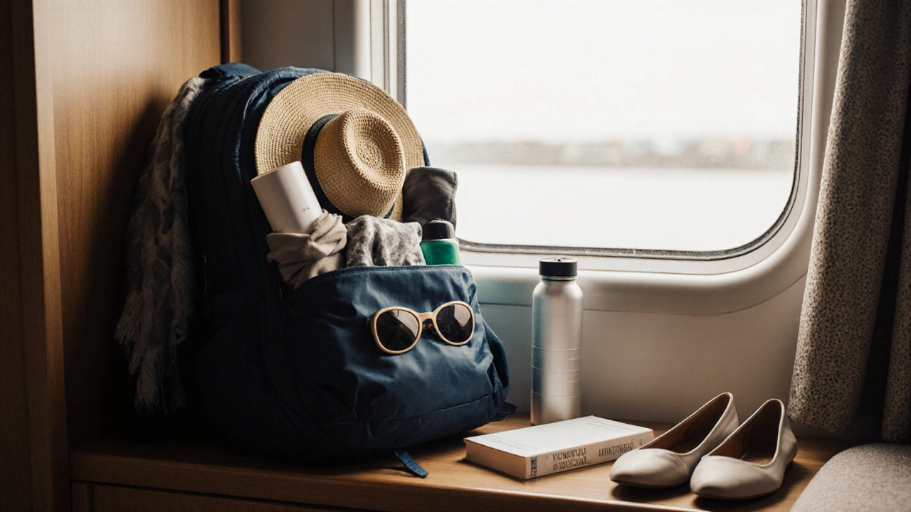 Рюкзак с essentials для круиза: шляпа, куртка, шарф, зарядка и книга на полке каюты.