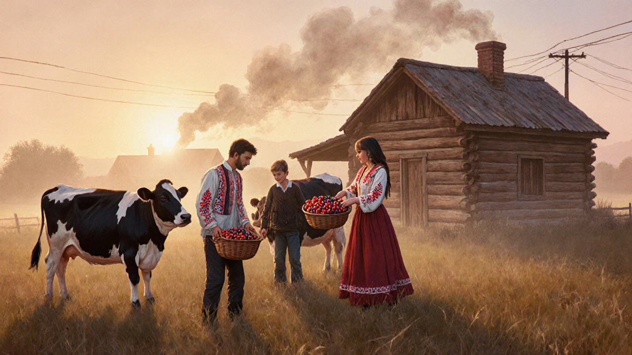 Семья в деревне помогает кормить коров, утро, деревянный дом и корзины с ягодами.