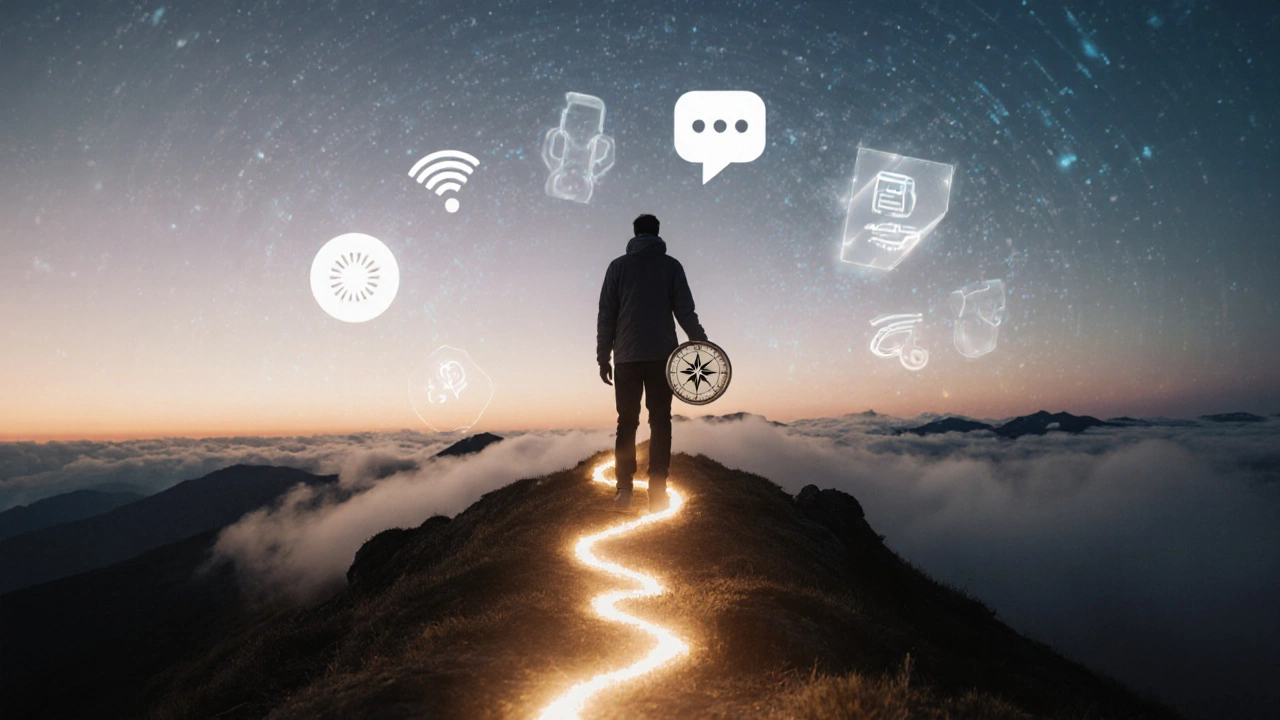 Силуэт человека на вершине с тропой шагов за спиной, цифровые значки исчезают в тумане.