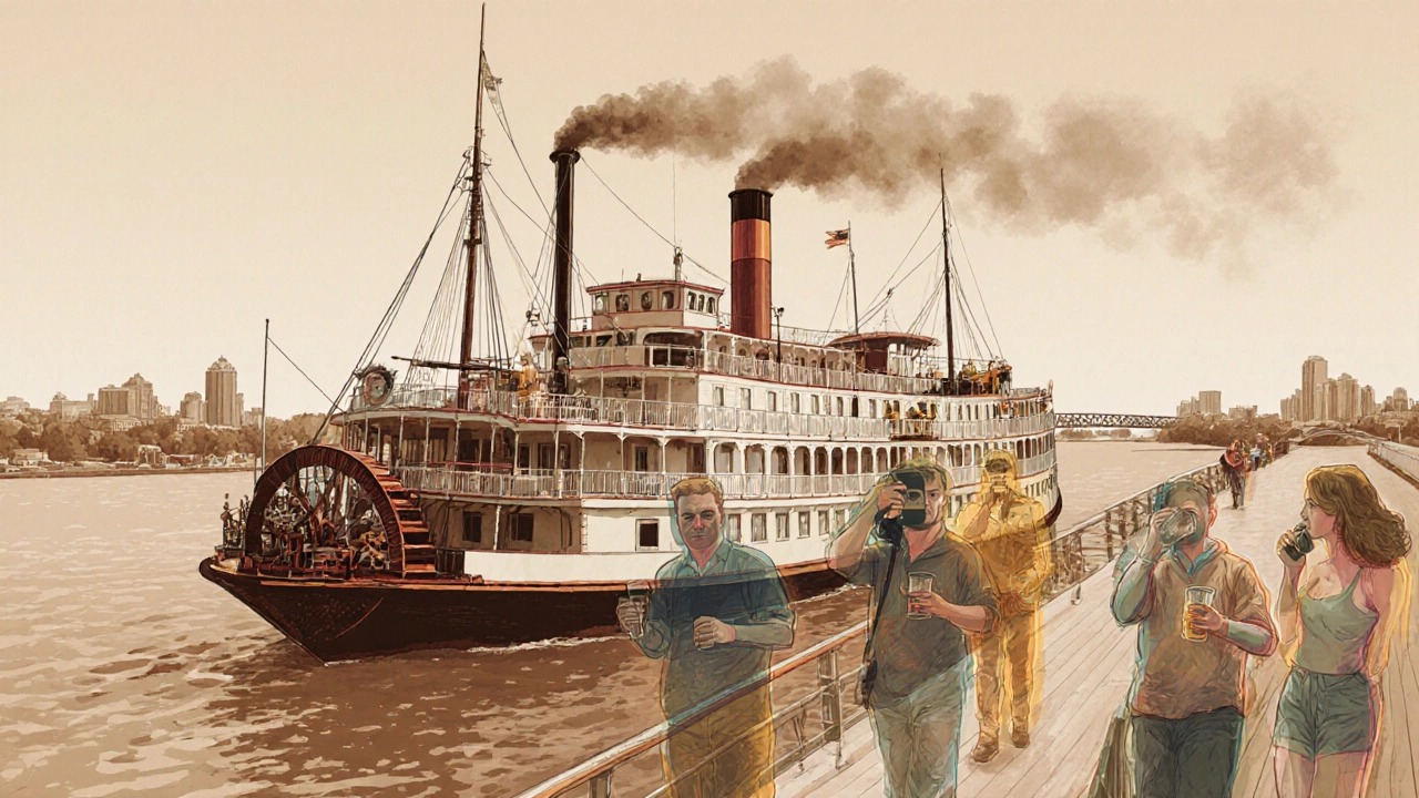 Современные туристы на палубе старинного парохода, смешение прошлого и настоящего на Миссисипи.