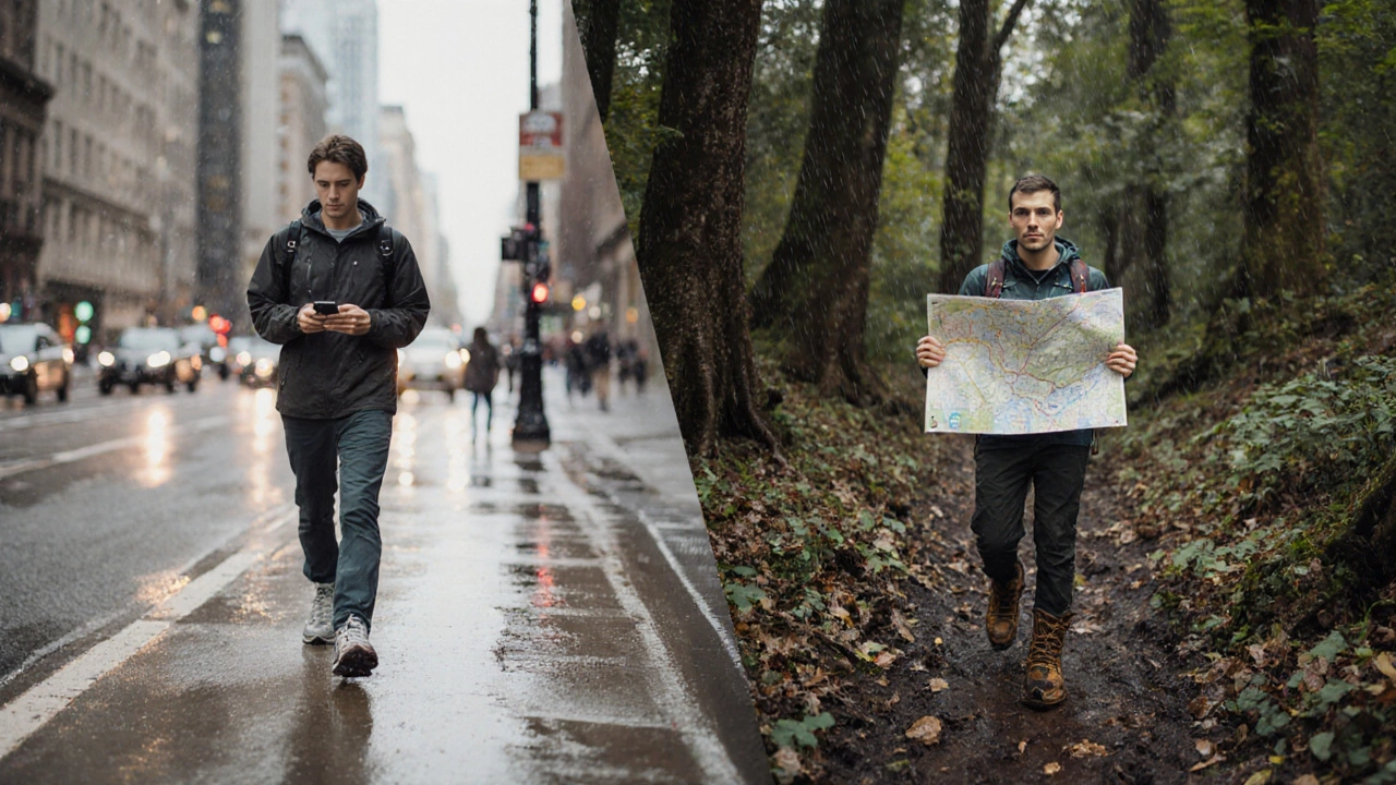 Сравнение: городская прогулка в кроссовках и хайкинг в лесу с картой и компасом.