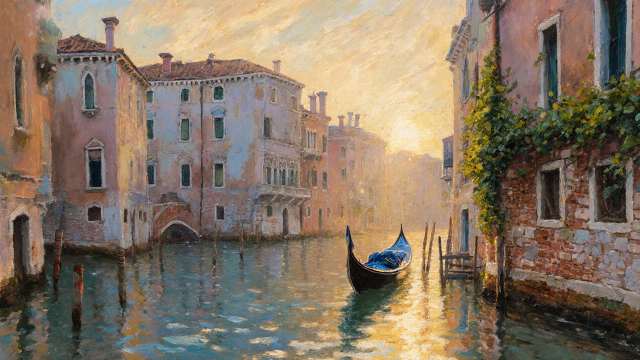 Тихий венецианский канал на рассвете с отражением пастельных дворцов в спокойной воде.