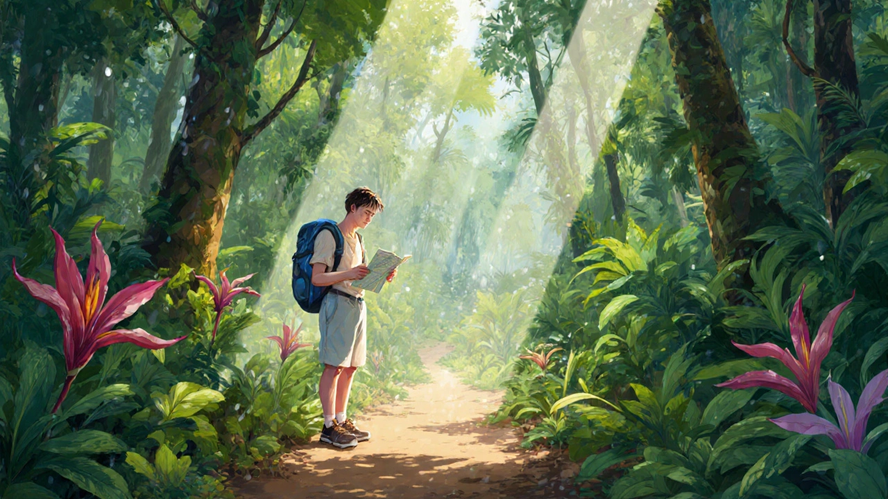 Тропический лес в полдень, турист с картой под плотным пологом деревьев.