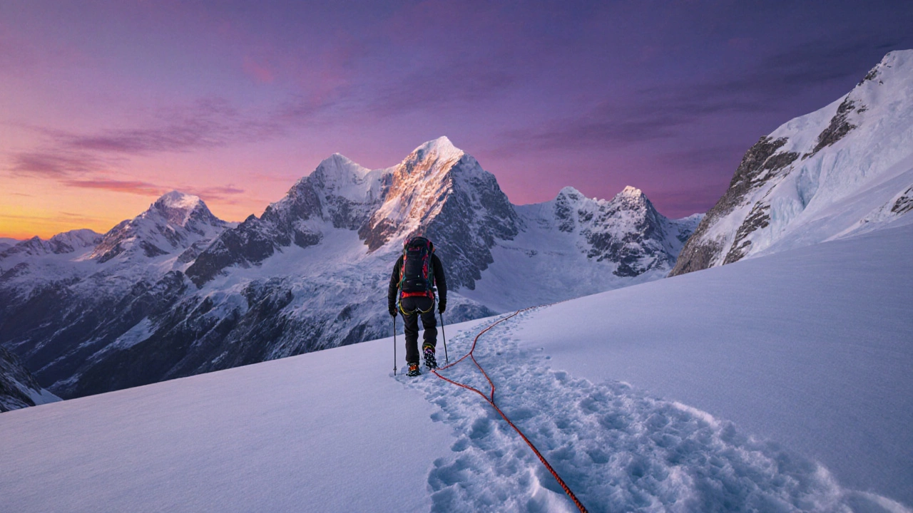 Турист на альпийском маршруте в Алтае идет по снежному склону с страховочной веревкой.