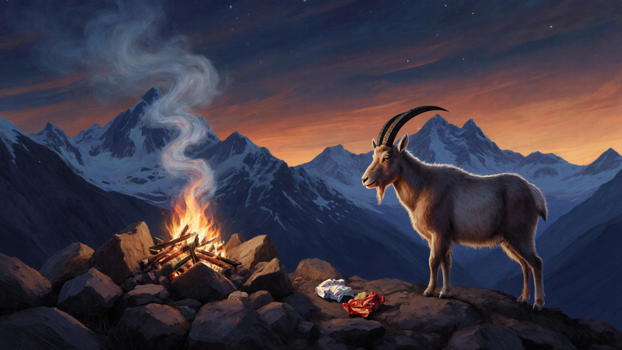 Вечерний лагерь у костра, дикая коза смотрит на остатки еды на камне.