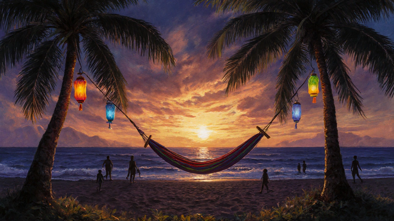 Закат в тропиках, гамак и зажженные фонарики на фоне темнеющего неба.