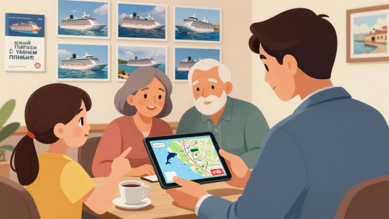 Агент помогает русской семье выбрать круиз, ребёнок указывает на карту, родители улыбаются.