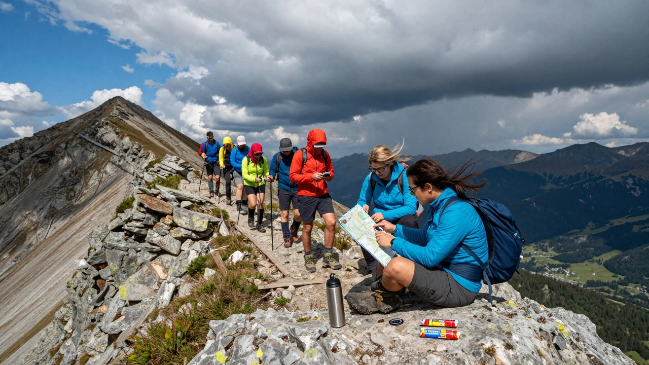 Группа туристов использует карту и компас на узком хребте с видом на грозовые облака.