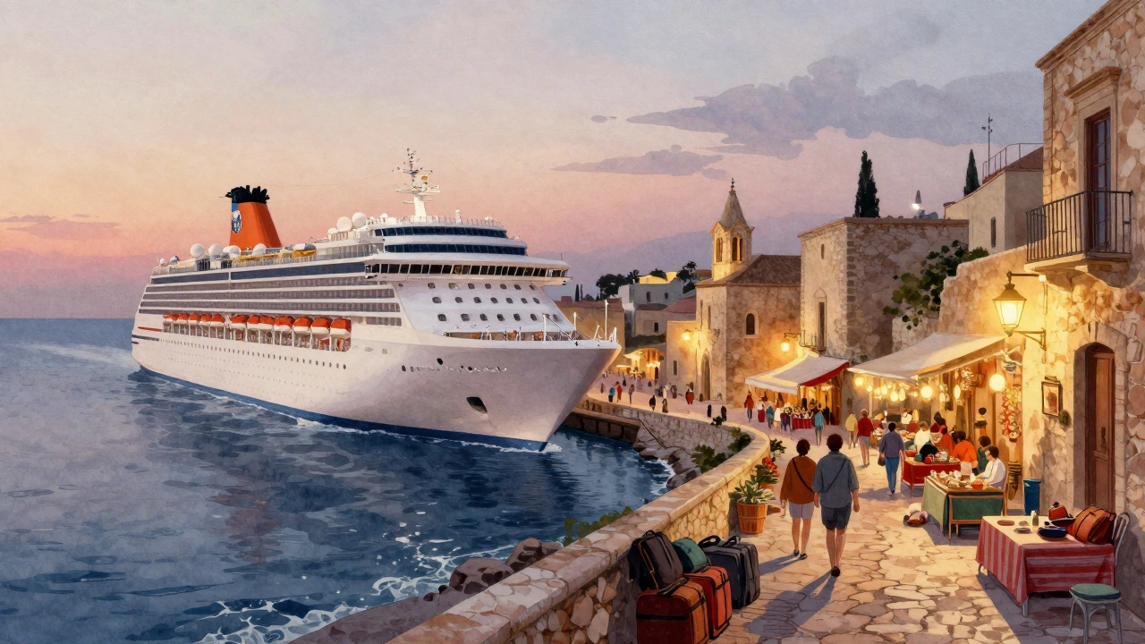 Круизный лайнер у причала в старинном средиземноморском городе, пассажиры гуляют по узким улочкам без чемоданов.