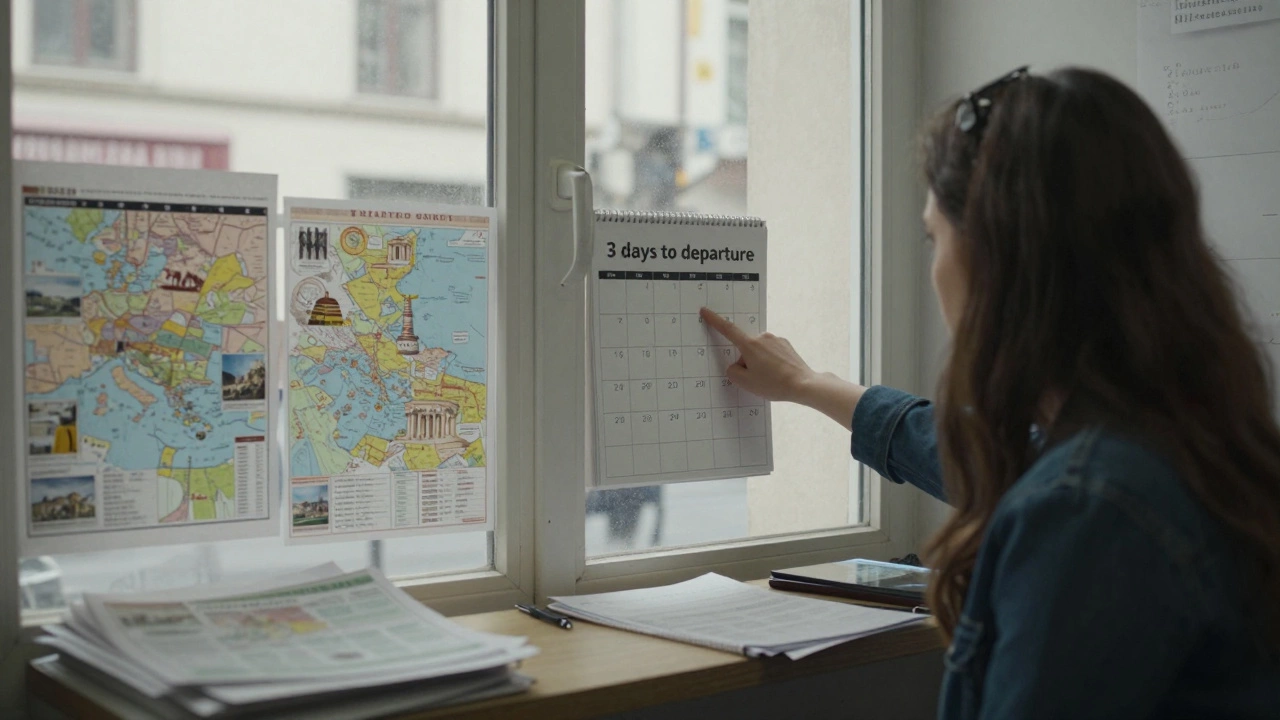 Маленькая туристическая контора с распечатанными маршрутами и календарем, отмеченным &#039;за 3 дня до вылета&#039;.