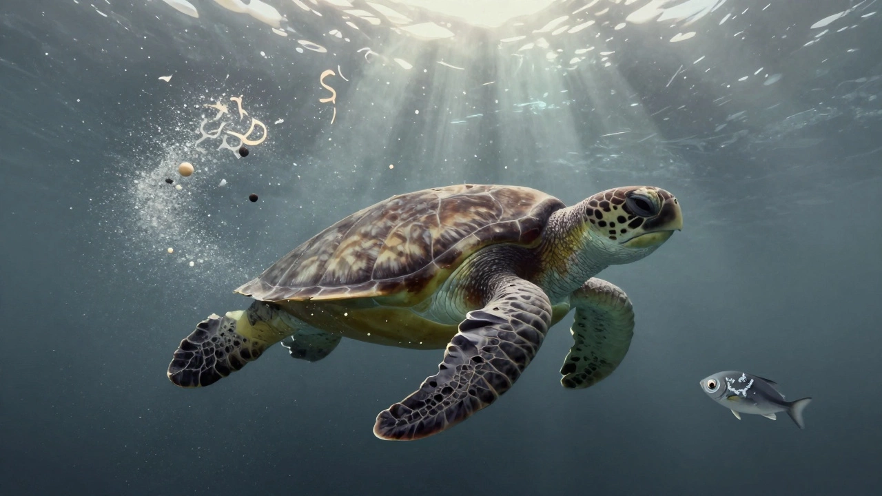 Морская черепаха плавает сквозь облако микропластика в морской воде.