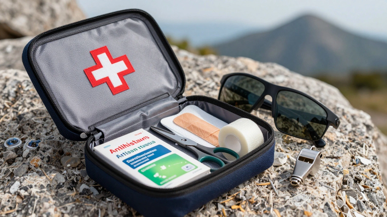 Открытая аптечка с лекарствами, пластырями и солнцезащитными очками на скале в горах.
