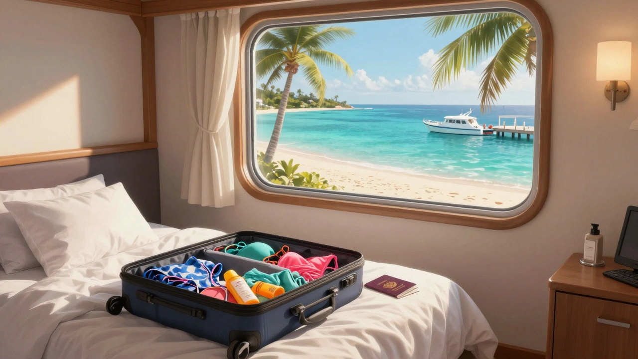 Пассажир просыпается в каюте с видом на белый пляж Нассау после ночного путешествия.